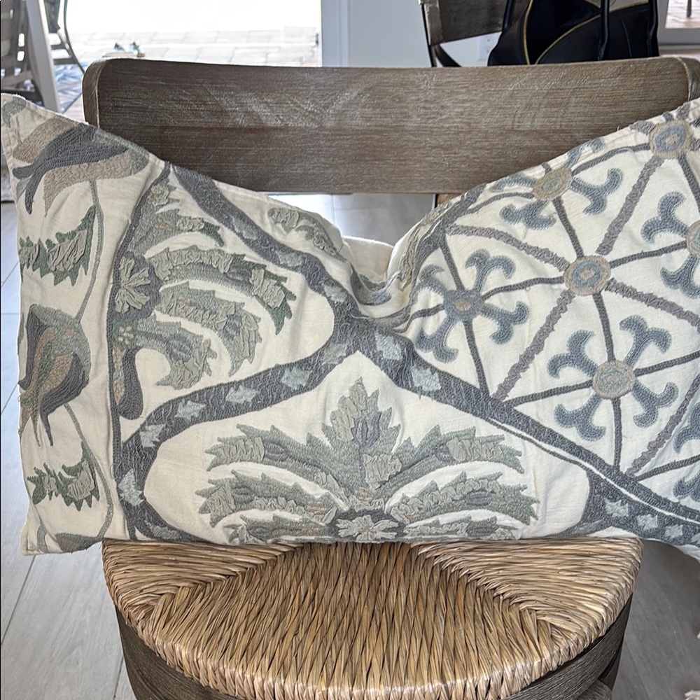 Pottery Barn Gray and Cream Accent Pillows with Geometric and Damask Patterns
